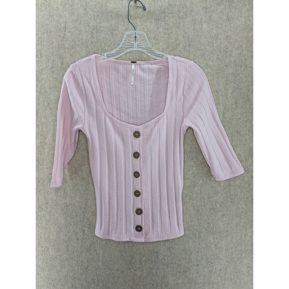Free People Ribbed Button Up 3/4 Sleeve Top Pink XS Square Neck Knit